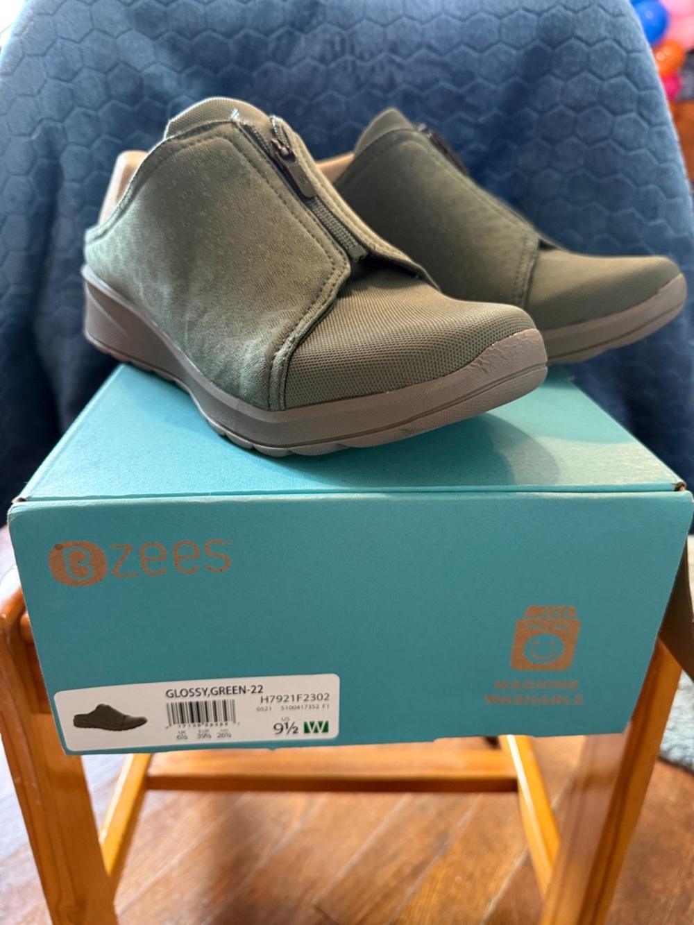 Bzees Glossy Zip-Front Slip-On in Olive